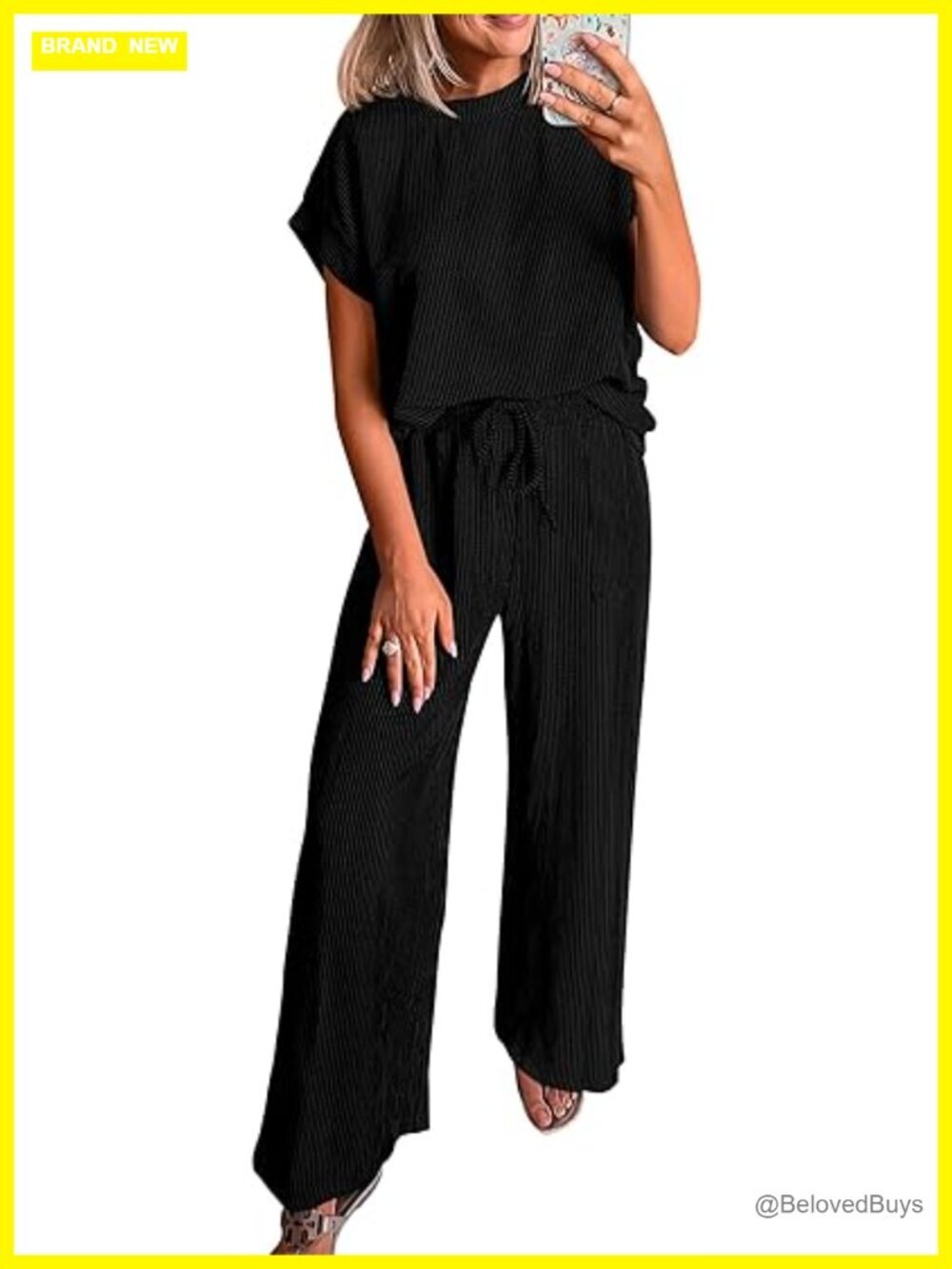 Ribbed Knit Short Sleeve Top & Wide Leg Pants Loungewear Set